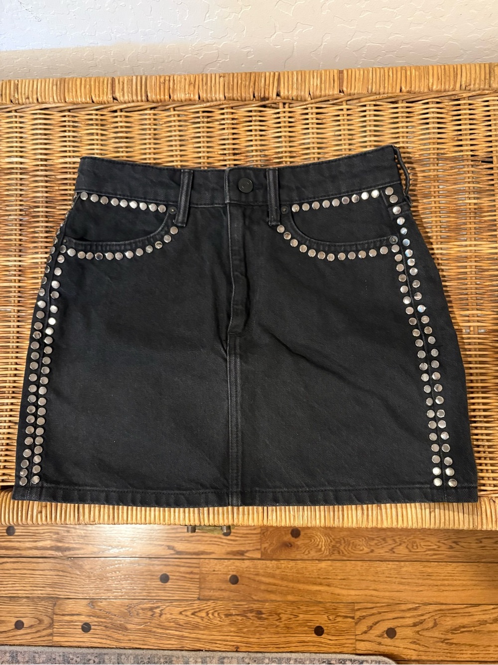 AllSaints Black Denim Mini Skirt with Silver Studs